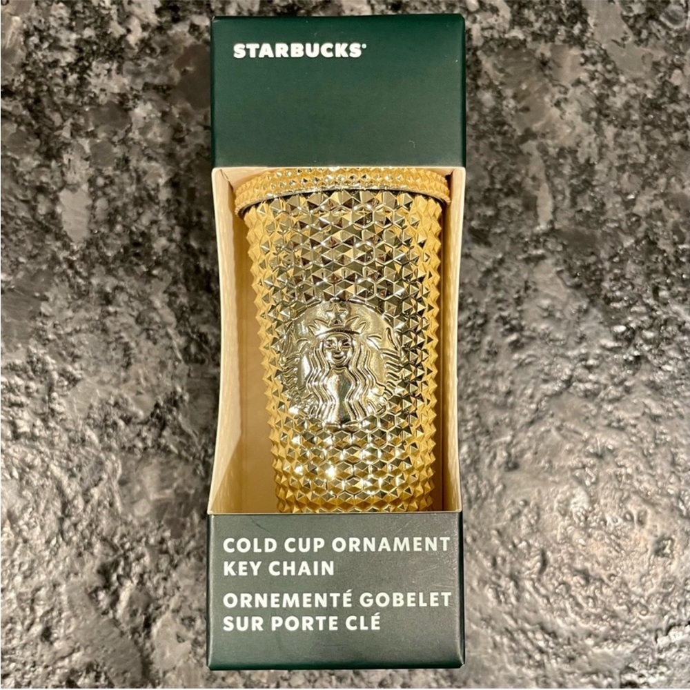 New Starbucks Ornament Holiday 2022 Gold Studded Cold Cup Christmas Keychain
